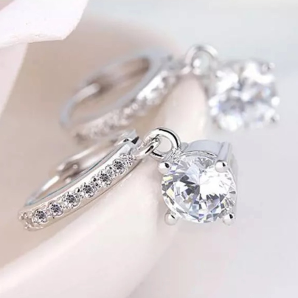SOLITAIRE 925 SILVER DIAMOND DROP HOOP EARRINGS, NICE EARRINGS, CUTE EARRINGS - Picture 4 of 7